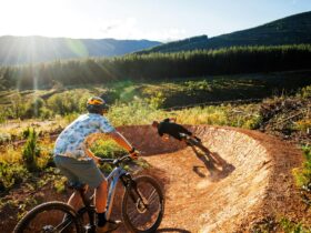 Two riders in morning with mountain backdrops