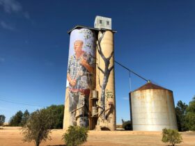 Silo at Patchewollock with painting of a man