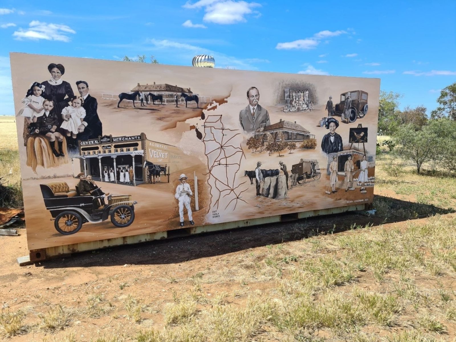 Detailed historical mural at Yunruga Homestead
