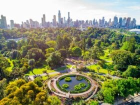 Drone shot of the Gardens with Melbourne CBD in the skyline