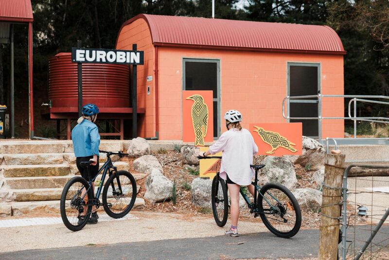 Two cyclists looking at Indigenous art of birds in front of an orange building and 