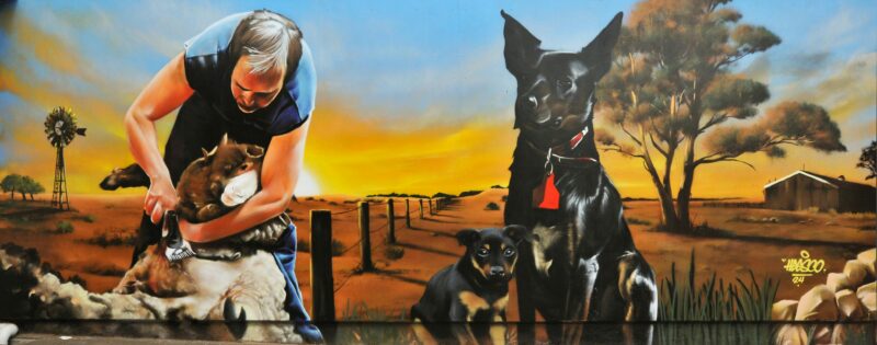 The mural at Brown Wigg (191 Commercial Road, Yarram) by Heesco Khosnaran honours local rural life