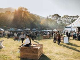 Stalls and people in the festival with mountains and sun in the background