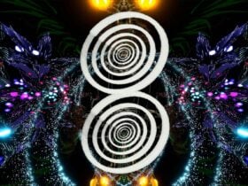 Still image of video projection from "8" Show, with "8" logo on it