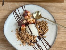 brownie with icecream and various toppings