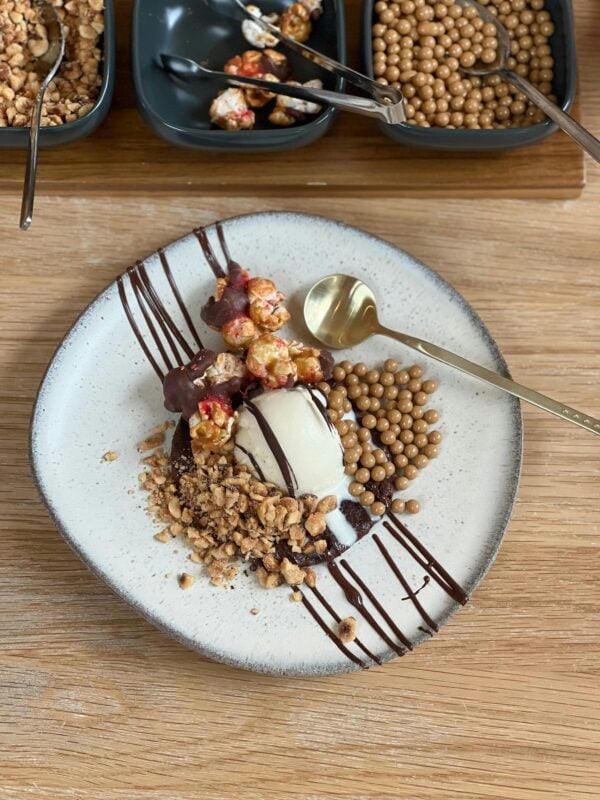 brownie with icecream and various toppings