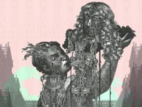 A digital print of a biblical Judith holding beheaded Holofernes over engravings of a motherboard