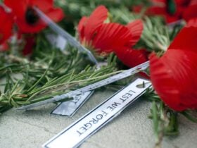 Red poppy with Lest we Forget signage