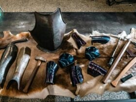 Armoury on display on animal skin on table