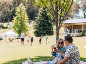 Couple enjoying themselves on the lawn at Ringer Reef