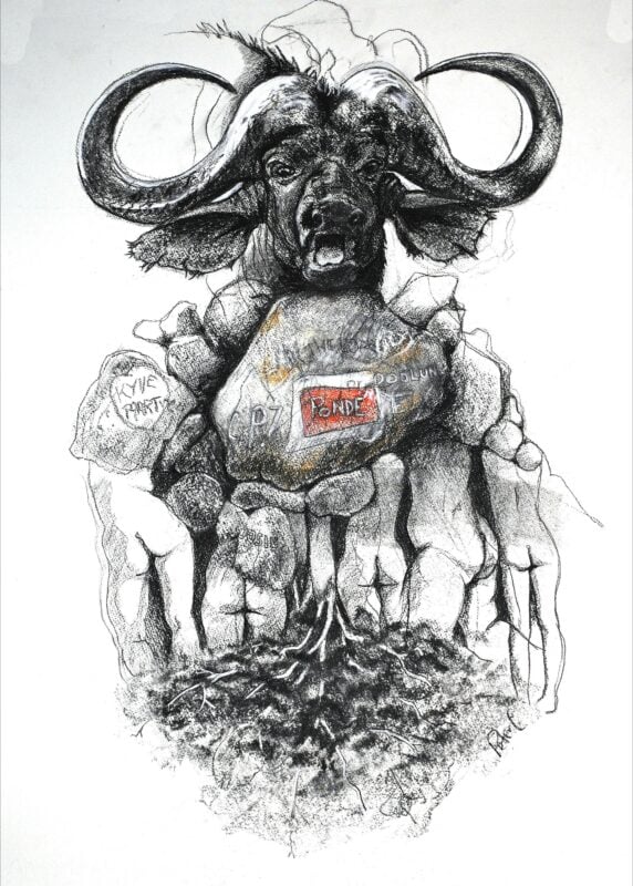 Part bull part man drawing in black and white