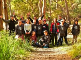 Winter Campers gather in the bush for a group photo