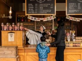 Mother and son inside Sovereign Hill confectionary store