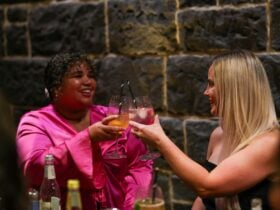 two women clinking glasses at Itinerant Spirits cocktail making class