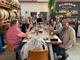 a group of people elarning to make cocktails and rasiing their glass in a toast