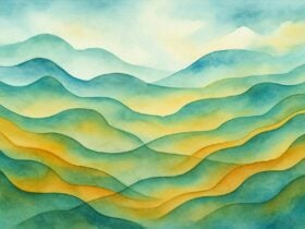 A watercolour painting of multiple horizons receding into the distance