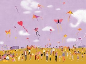 An illustration of people outside flying kites
