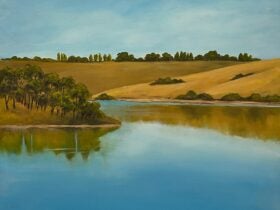 Oil on cradled board art titled Lauriston Reservoir by Daylesford artist Pam Gleeson