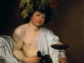 Classical painting of Dionysus with a grape wreath and glass of wine