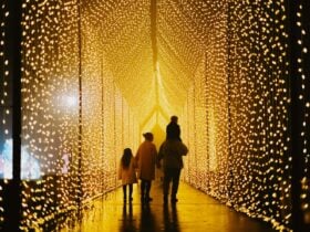 a family of four walking through a large structure made of warm yellow fairy lights.