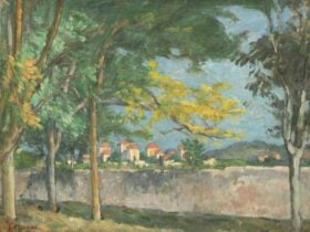 Impressionist painting by Paul Cezanne with trees, a large town wall, and houses in the distance