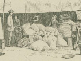 Thomas Ham, ‘Store at the Diggings’ [detail], 1854, lithograph. State Library of Victoria, H2918.