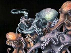 Blue, purple and orange-toned illustration of octopus-like krakens against black background.