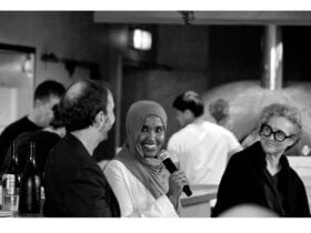 Journalists, Benjamin Millar, Najma Sambul, and Barbara Heggen in conversation at FWWF