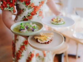 person carrying 3 plates of food