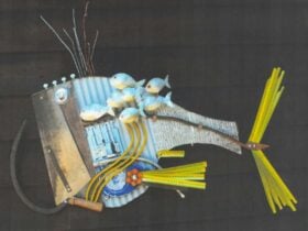 Scrap art Sculpture by Robert Liston - Robert Liston- Corrugated crab catcher with passing school