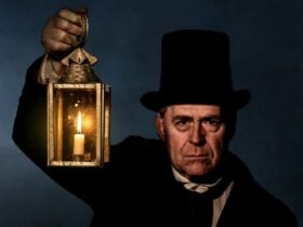 Man wearing black top hat and coat holding a lamp with dark background