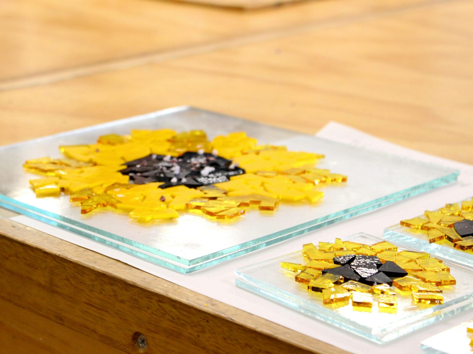 Yellow sunflower fused glass platter made by a student in our glass workshop