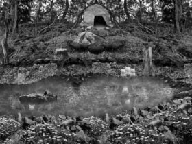 Photographic artwork by Hayley Millar Baker depicting a campsite by a river with bags of flour.