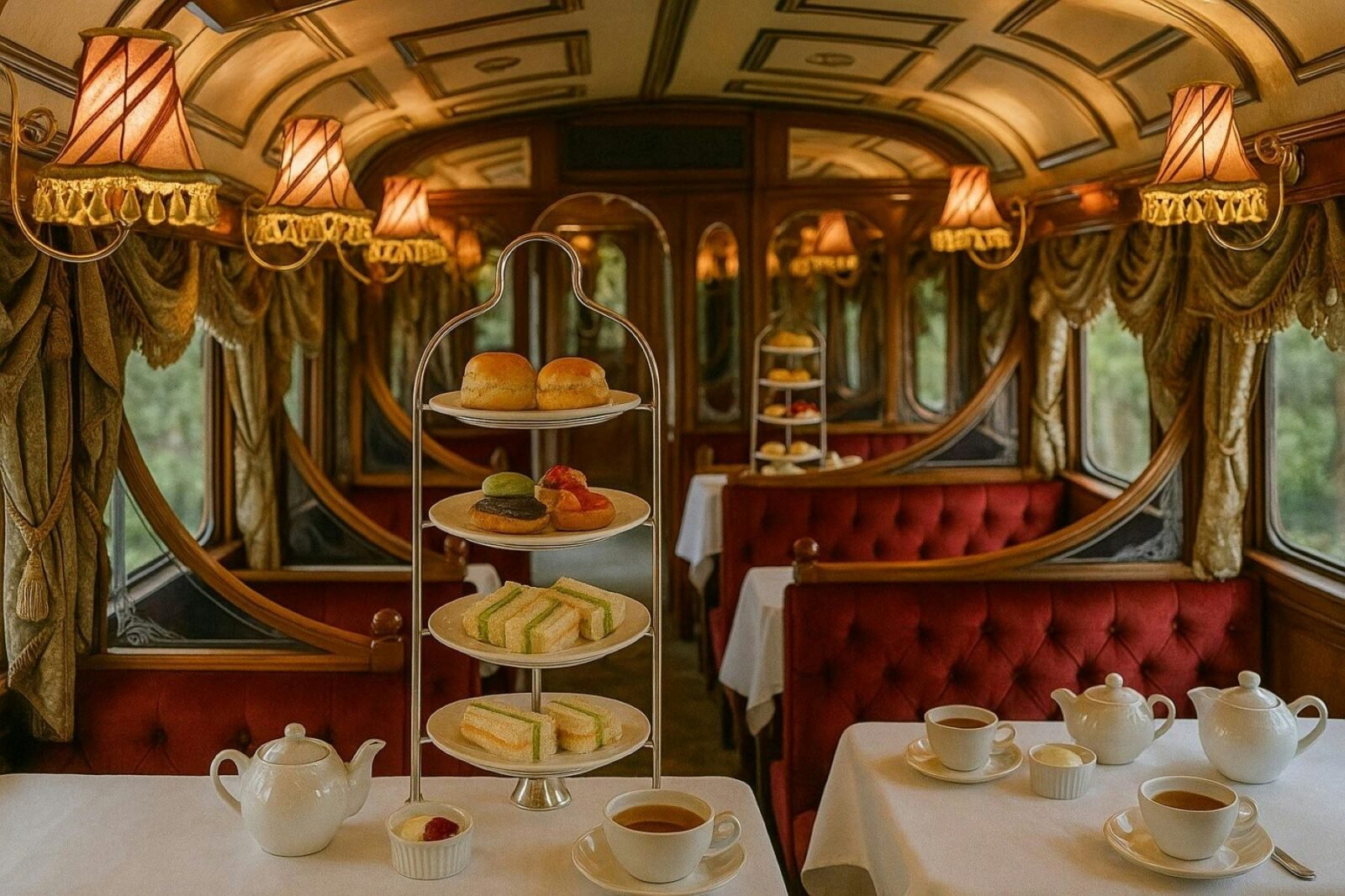 interior of a vintage train cart with red sofa booths and tables with tea pots, cups and a stand