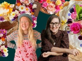 two women surrounded by images of cakes