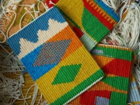 Three sets of colourful handwoven tapestry