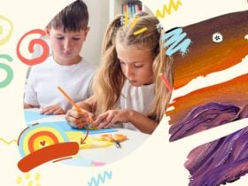 2 children making art with a cut out of a painting and squiggles across the image