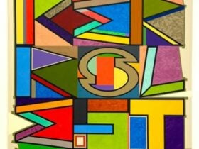 A painting of stacked letters in grey that spell out the title âITS A WORLD FULL OF LYING BASTARDSâ