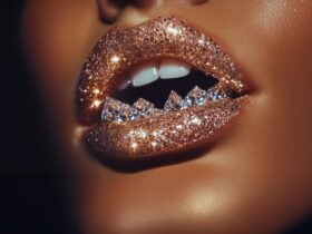 a close up image of a mouth with glittering lipstick on and diamond teeth