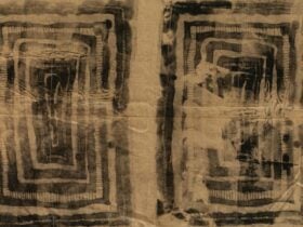 Lisa Waup, enmeshing 2025, screen printed on jute coffee bag, ink, 106 x 72cm. Printed at Spacecraft