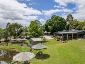 Aerial shot of Paynes Rise Winery, with the function space to the right and a water body to the left