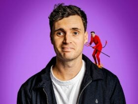 Luke Kidgell with a little version of himself dressed as a devil on his shoulder