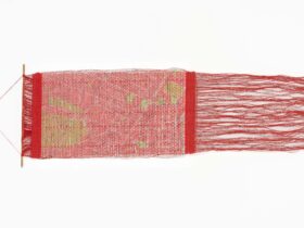 Textile artwork by Jayne Newgreen, Mapping Truth â Melbourne, 2025, paper. 60cm x 25cm.