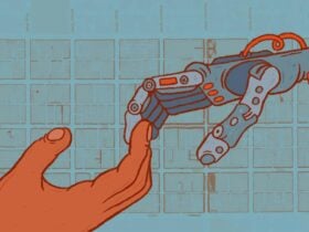 A human hand reaches out to a robot hand