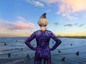 A person stands with their back to the camera facing an ocean filled with sharks in a Fringe wetsuit