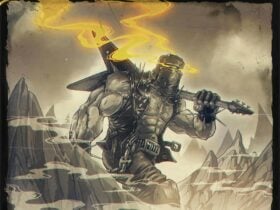 Metalhead Ned strides through a mountanois range, a flying V over his shoulder.