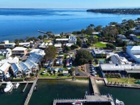 Aerial view looking down at Metung Market with stalls on Metung Village Green beside Bancroft Bay