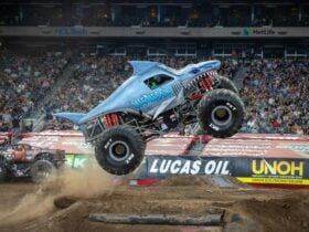Megalodon Monster Jam Truck in action, in the air