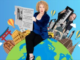 Woman holds newspaper on globe with landmarks; man appears with keyboard behind.