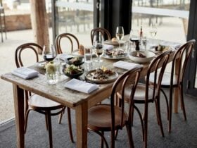 Dining table with food and drinks
